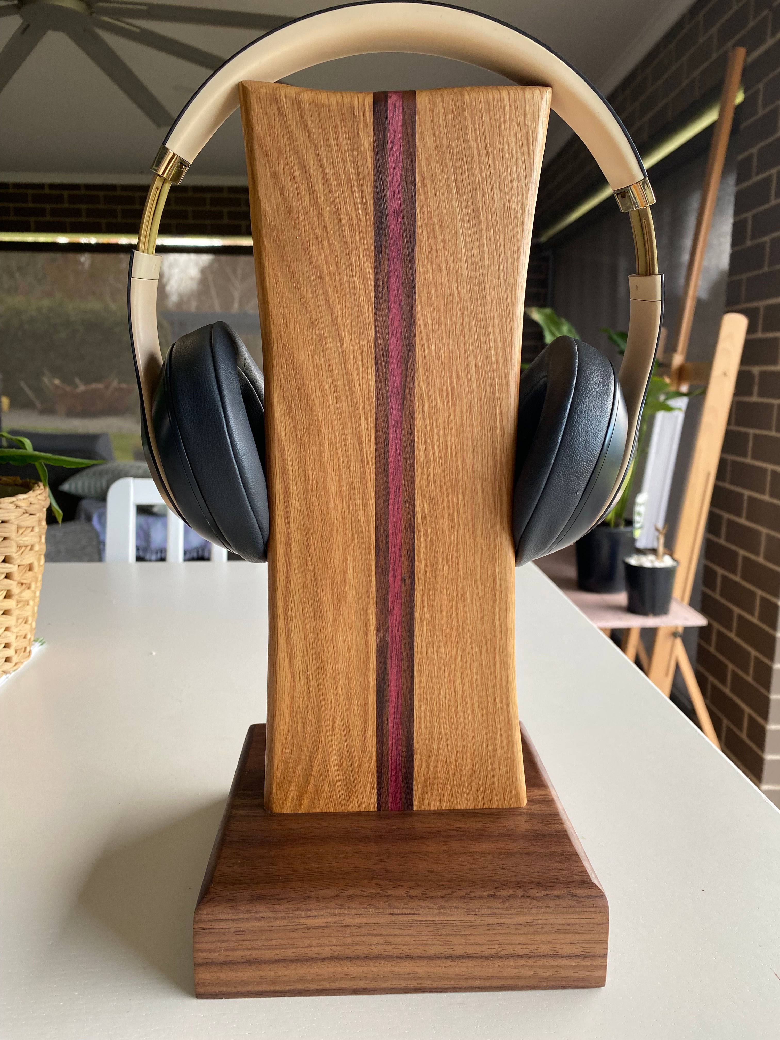 Handcrafted Solid Timber Headphone Stand – Walnut, American Oak & Purpleheart