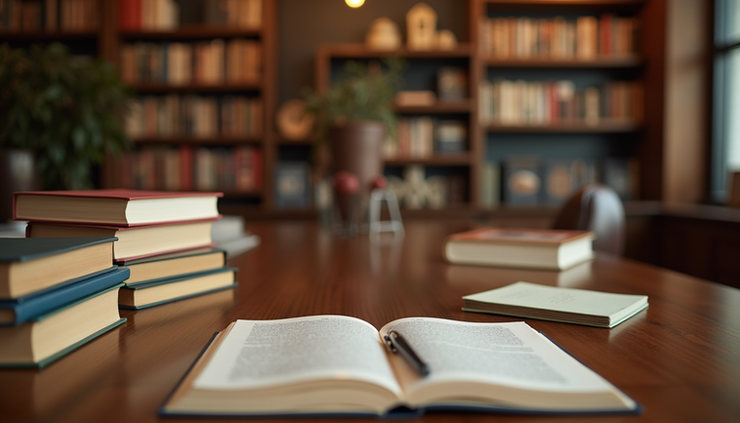 Eye-level view of a cozy book signing table with stacks of books and a pen ready for signing