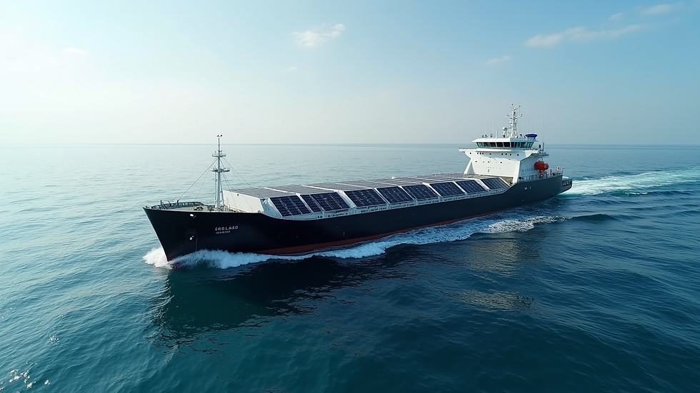 Eye-level view of a modern cargo ship equipped with solar panels