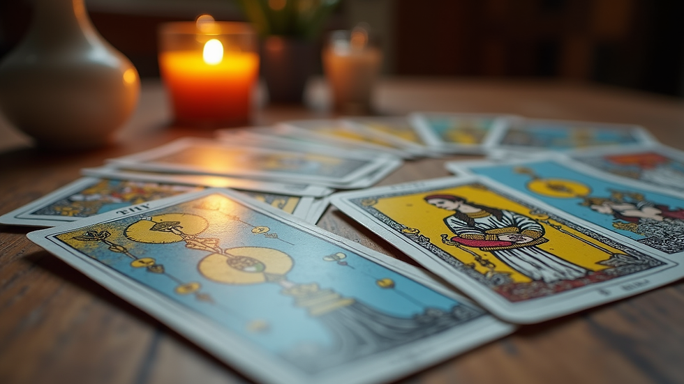 Eye-level view of tarot cards laid out in a custom spread on a wooden table