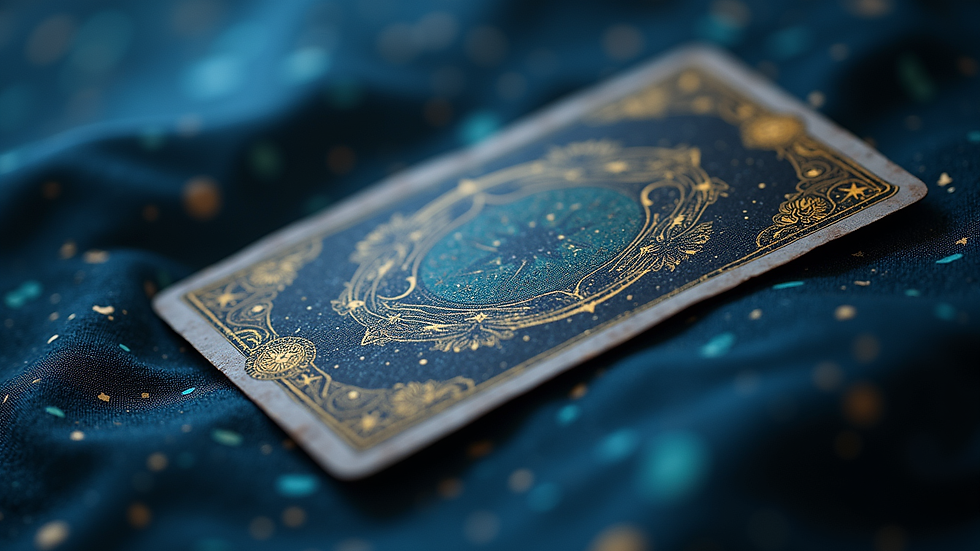 Close-up view of a single tarot card with a starry cosmic background