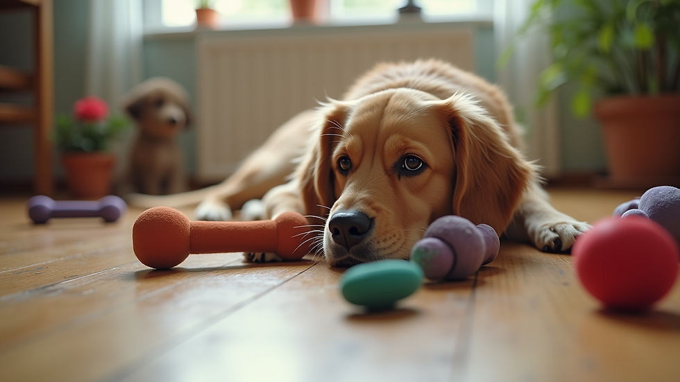 Eye-level view of a variety of dog toys laid out on a wooden floor