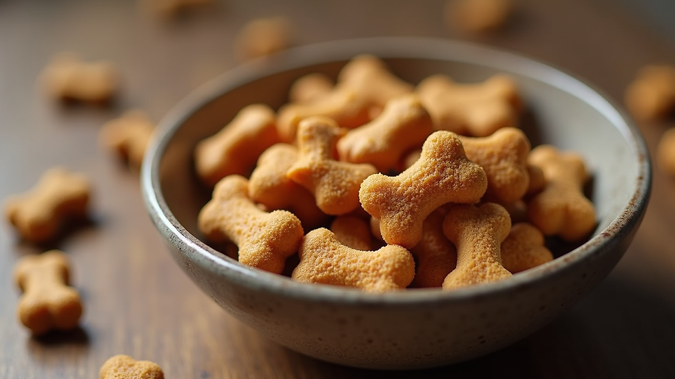 Close-up view of a bowl filled with grain-free dog treats