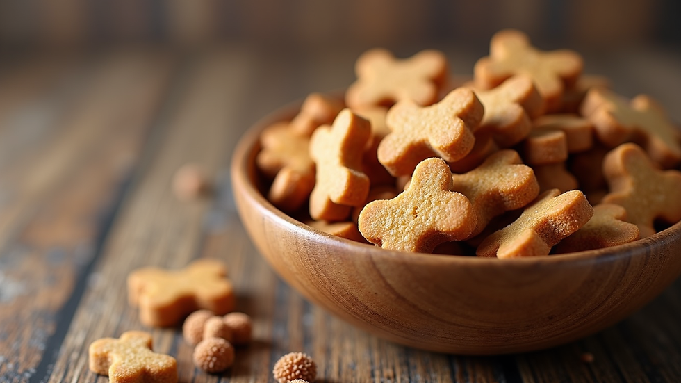 Eye-level view of a variety of grain-free dog treats in a wooden bowl