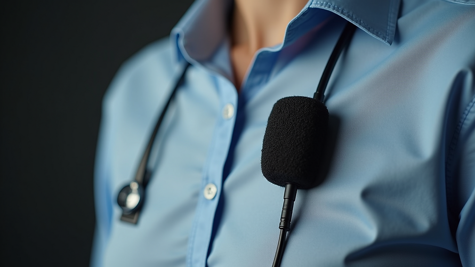 Eye-level view of a lavalier microphone clipped on a shirt