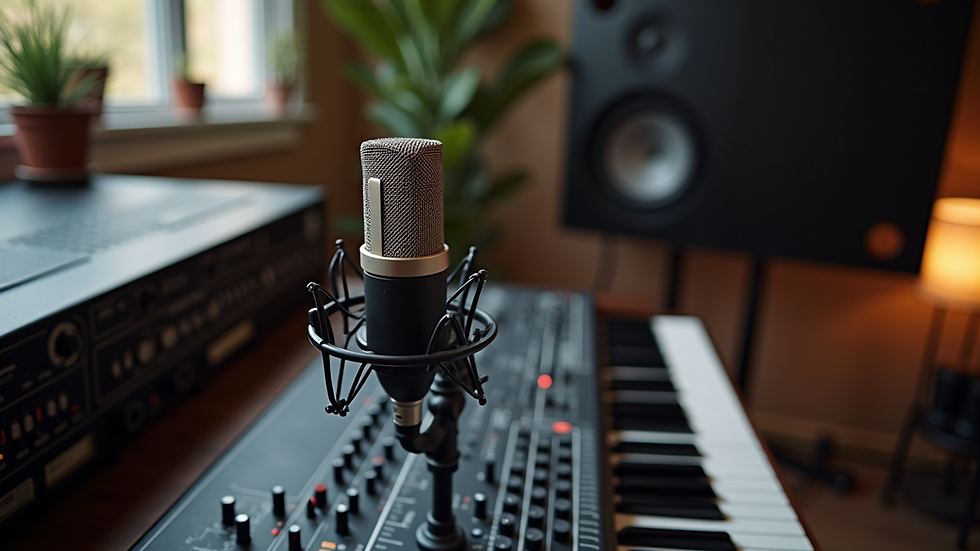 High angle view of a condenser microphone setup on a recording desk