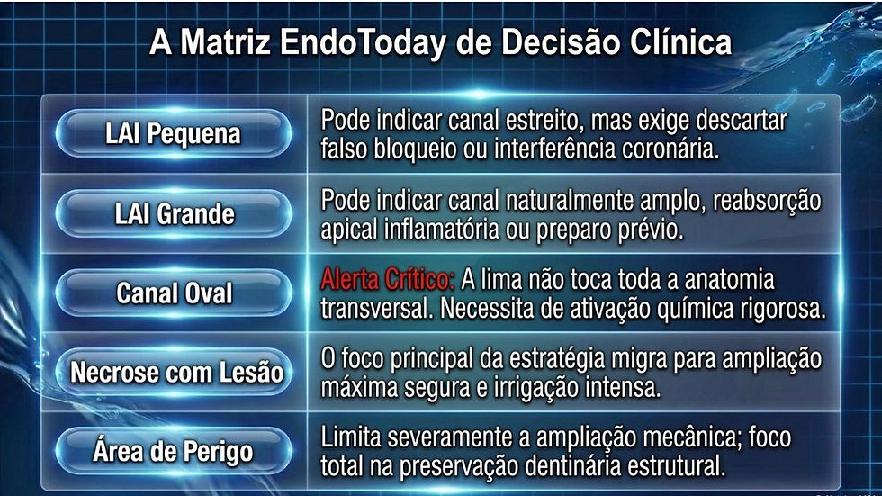 Infográfico azul da Matriz EndoToday com linhas: LAI Pequena, LAI Grande, Canal Oval, Necrose com Lesão e Área de Perigo.