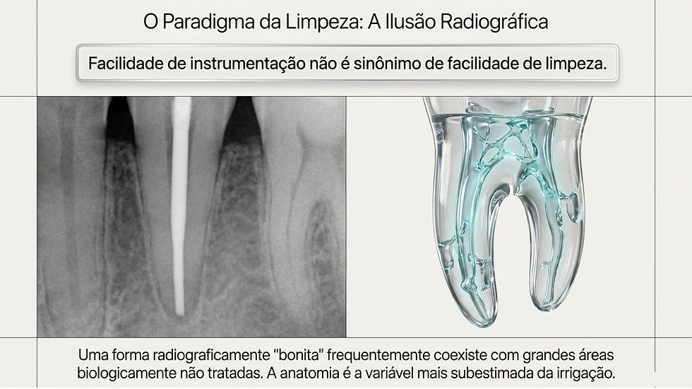 Slide em português com radiografia dental e ilustração de canal radicular; texto diz que instrumentação fácil não garante limpeza.