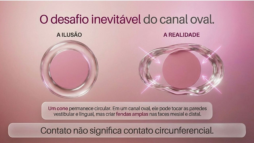 Diagrama em fundo rosa compara A ILUSÃO e A REALIDADE de um canal oval, com cone circular e oval deformado, e texto explicativo.