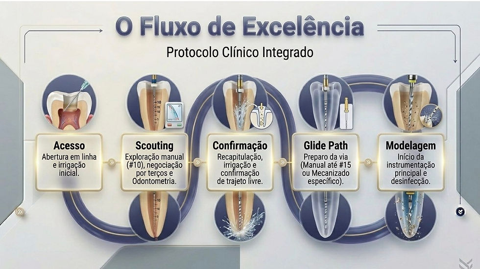 Infográfico do protocolo clínico integrado de endodontia, com etapas Acesso, Scouting, Confirmação, Glide Path e Modelagem.