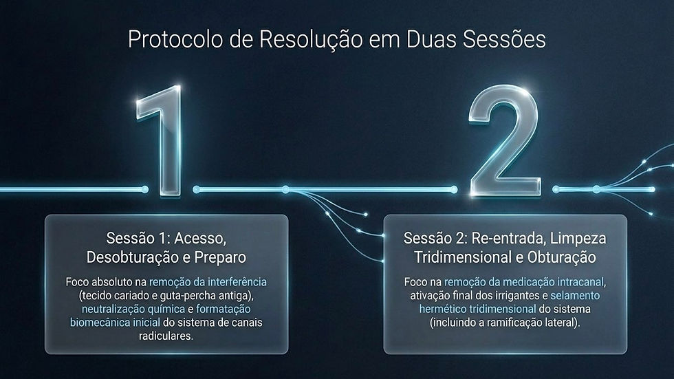 Infográfico azul sobre protocolo em duas sessões: Sessão 1 acesso/desobturação; Sessão 2 reentrada, limpeza e obturação.