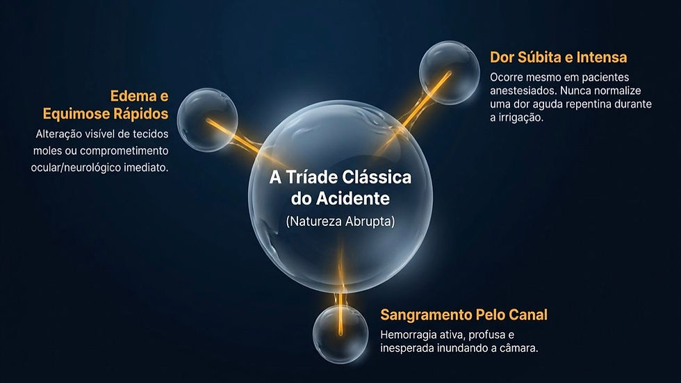Infográfico azul sobre a tríade clássica do acidente, com bolhas conectadas e textos sobre edema, dor súbita e sangramento.