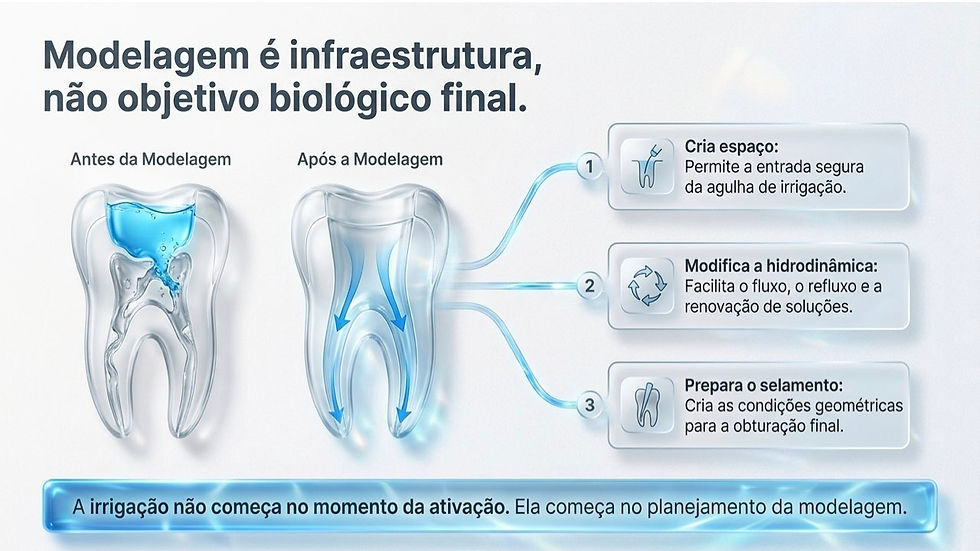 Infográfico em português com dentes antes e depois da modelagem, setas azuis e textos explicando irrigação, selamento e fluxo.