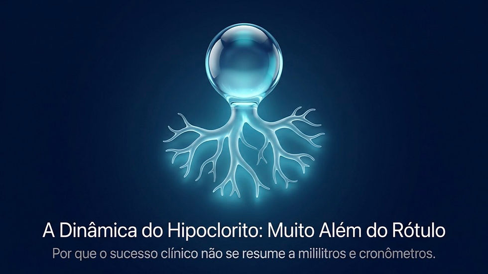 Imagem azul de molécula/árvore abstrata; texto: A Dinâmica do Hipoclorito: Muito Além do Rótulo, com subtítulo clínico.