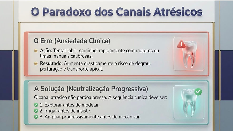 Slide em português sobre canais atrésicos, com erro em vermelho e solução em verde, ícones de dente e texto clínico.