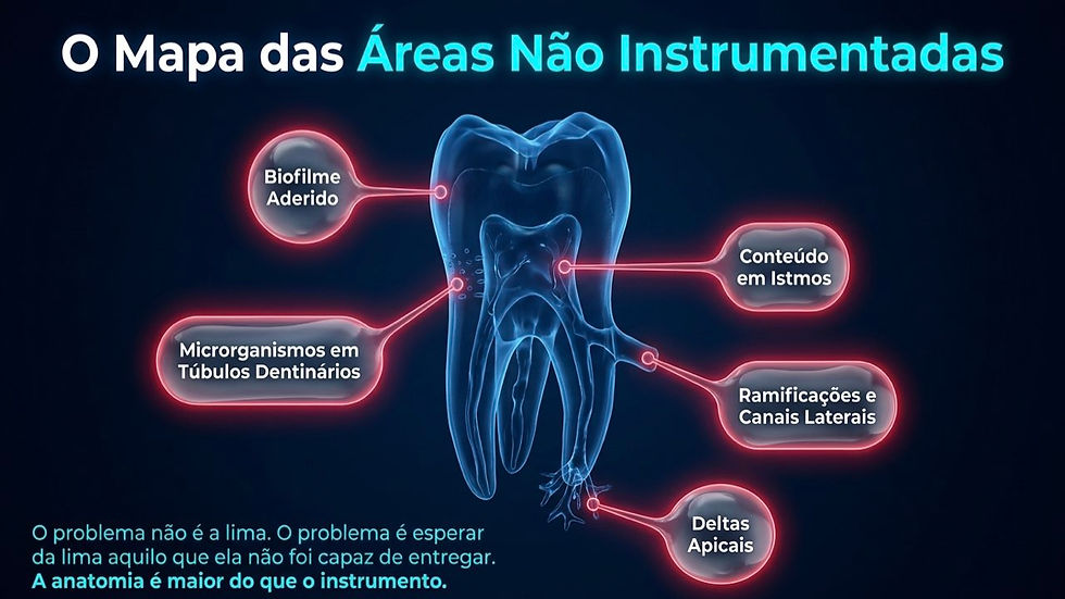 Infográfico de dente 3D em azul com rótulos em neon: biofilme, microrganismos, istmos, canais laterais e deltas apicais.