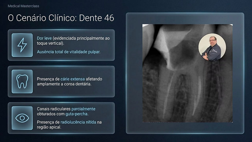 Slide médico sobre Dente 46 com radiografia dental e foto do palestrante; texto indica dor leve, cárie extensa e radiolucência apical.