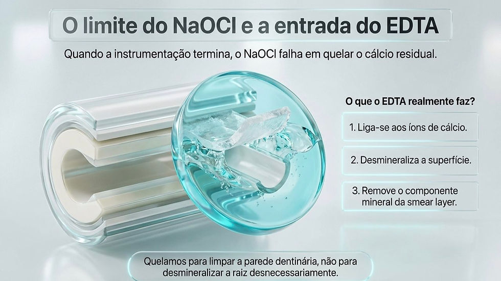 Infográfico odontológico com dente 3D azul e textos sobre o limite do NaOCl e a ação do EDTA na desmineralização.
