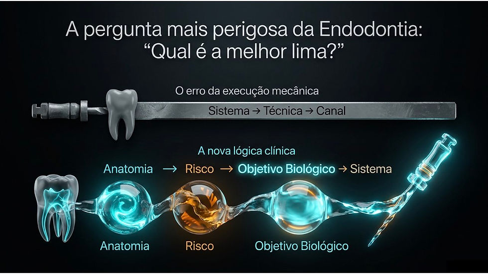 Slide de endodontia com dente e seringa, comparando técnica e nova lógica clínica: anatomia, risco e objetivo biológico.
