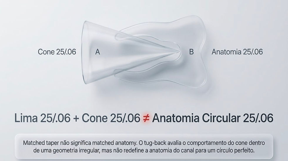 Diagrama odontológico com cone de papel em canal irregular; texto: Lima 25/.06 + Cone 25/.06 ≠ Anatomia Circular 25/.06