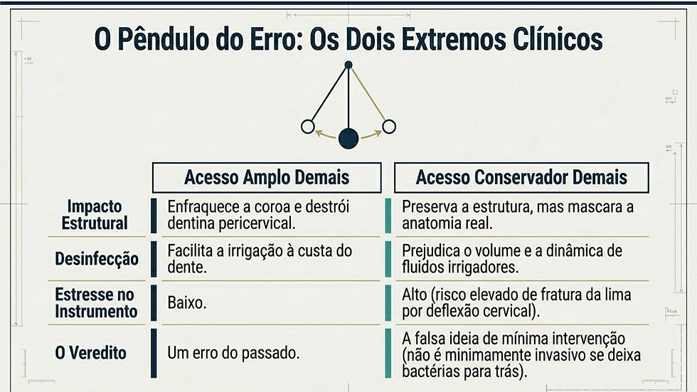 Gráfico com título "O Pêndulo do Erro: Os Dois Extremos Clínicos", comparando "Acesso Amplo Demais" e "Acesso Conservador Demais".