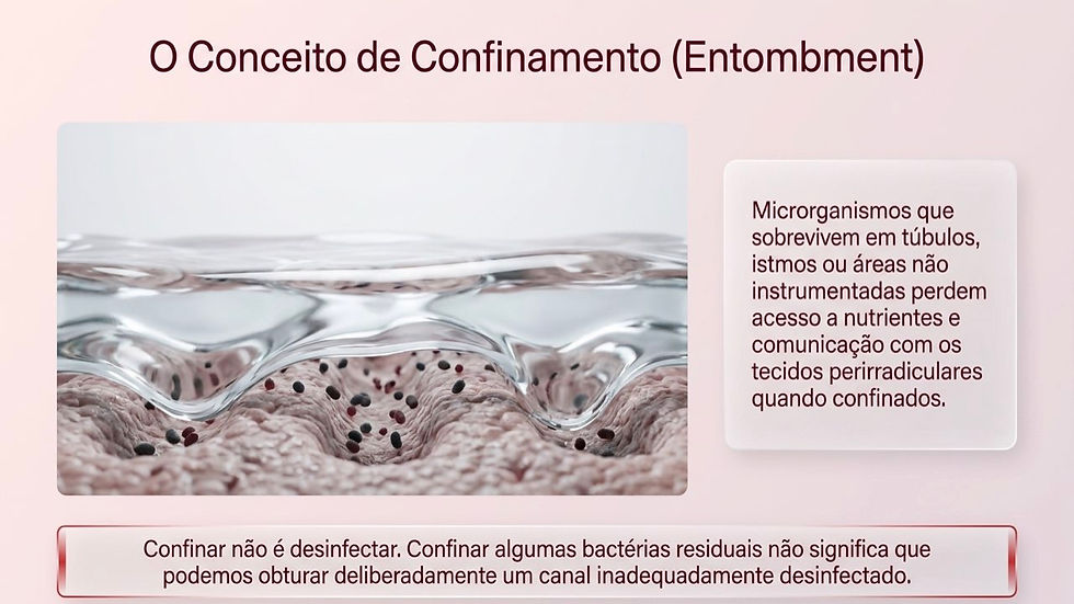 Slide em português sobre confinamento dentário, com microrganismos presos e texto explicativo em fundo rosa claro.