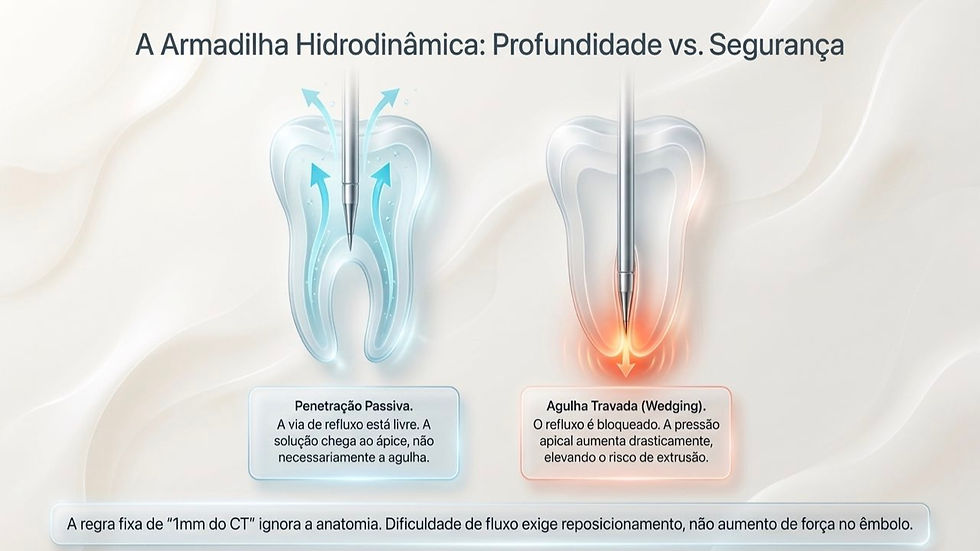 Infográfico odontológico com dois dentes e agulha: penetração passiva em azul e agulha travada em vermelho, com texto explicativo.