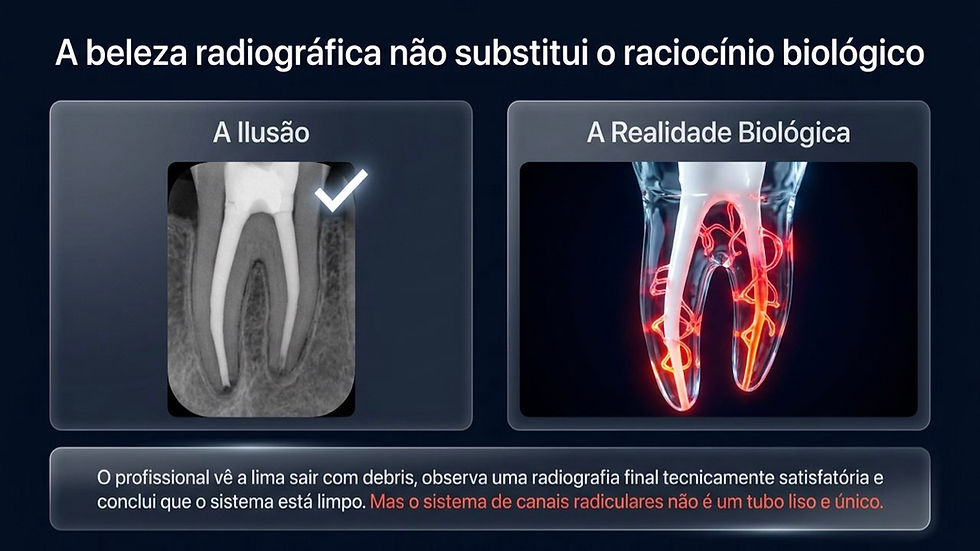 Infográfico odontológico com raio‑X de dente em A Ilusão e raiz com canais vermelhos em A Realidade Biológica, fundo azul.