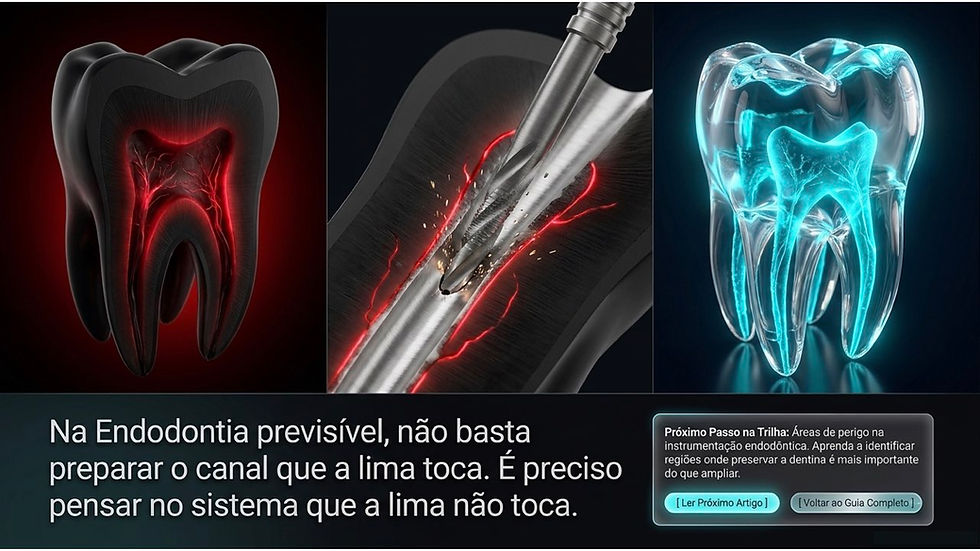 Banner de endodontia com três dentes ilustrados: canal vermelho, lima metálica em ação e dente azul translúcido; texto em PT.