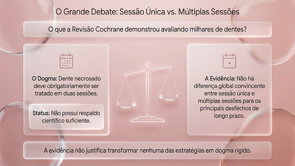 Infográfico rosa com balança e texto sobre revisão Cochrane: sessão única vs. múltiplas sessões, sem diferença convincente.