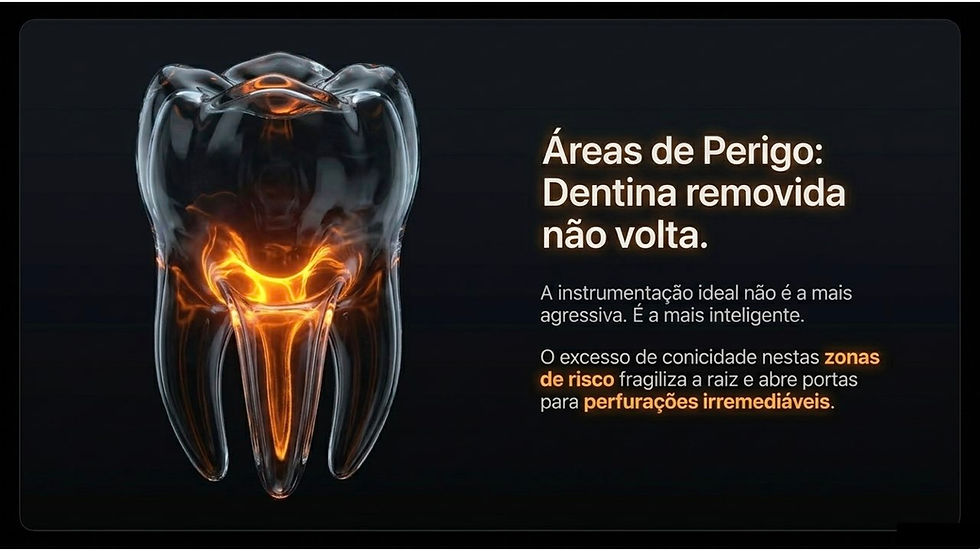 Ilustração de dente com raiz em laranja sobre fundo preto; texto alerta: Áreas de Perigo, dentina removida não volta.