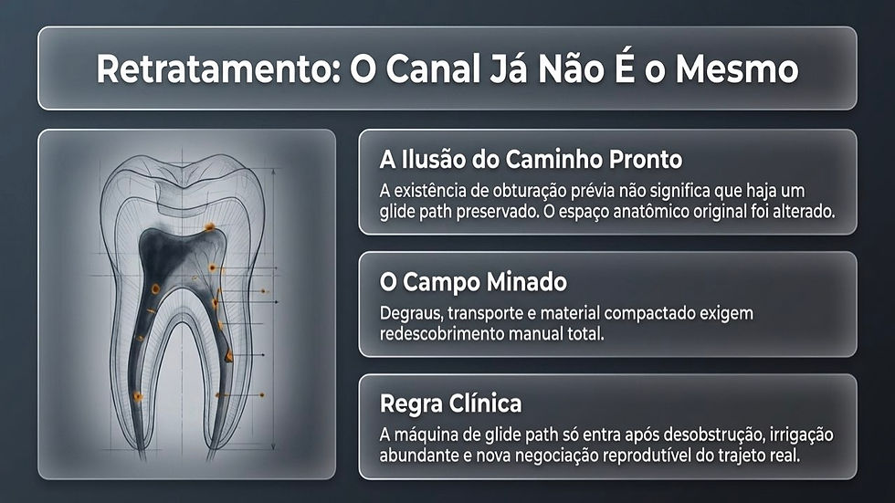 Infográfico odontológico com desenho de dente e texto Retratamento: O Canal Já Não É o Mesmo, sobre canal radicular obstruído.