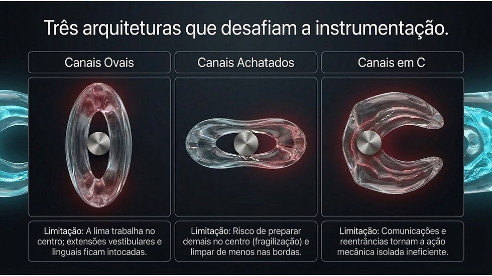 Infográfico em fundo escuro com três diagramas de canais radiculares: ovais, achatados e em C, e textos sobre limitações.