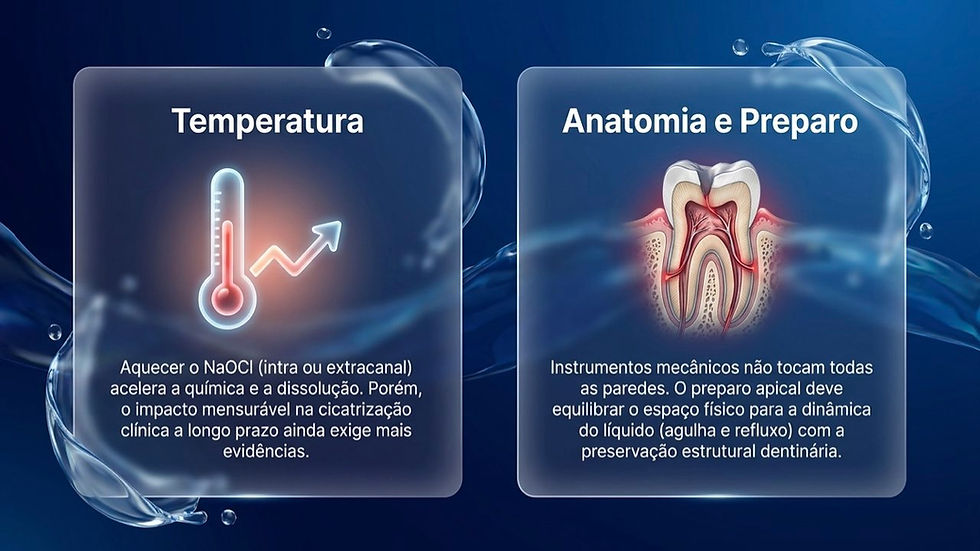 Slide azul com dois painéis: Temperatura e Anatomia e Preparo, com termômetro, dente em corte e texto sobre NaOCl e preparo apical.