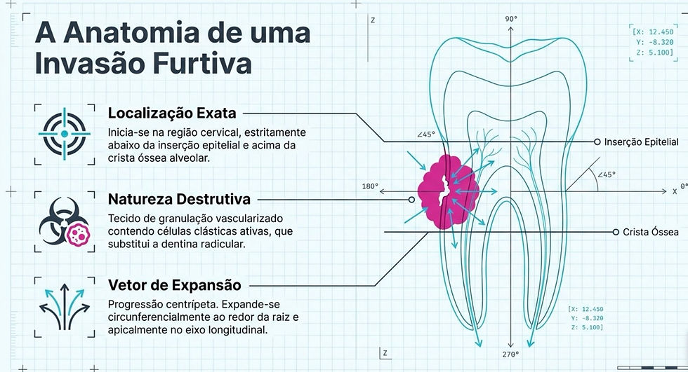 Esquema de dente destacando "A Anatomia de uma Invasão Furtiva" com texto sobre localização, natureza destrutiva e vetor de expansão. Fundo quadriculado.