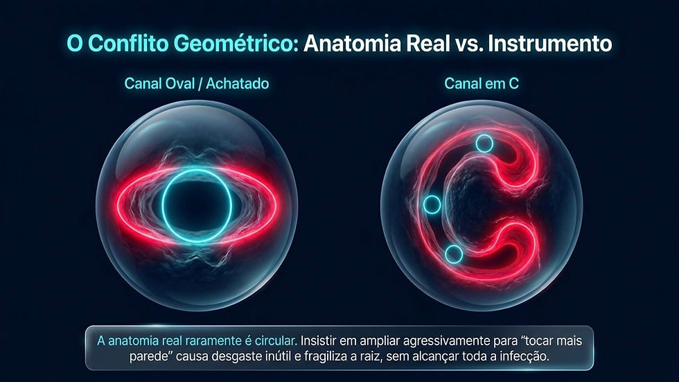 Infográfico em fundo azul compara canal oval e canal em C, com anéis rosa e azul; texto alerta sobre desgaste ao ampliar demais.