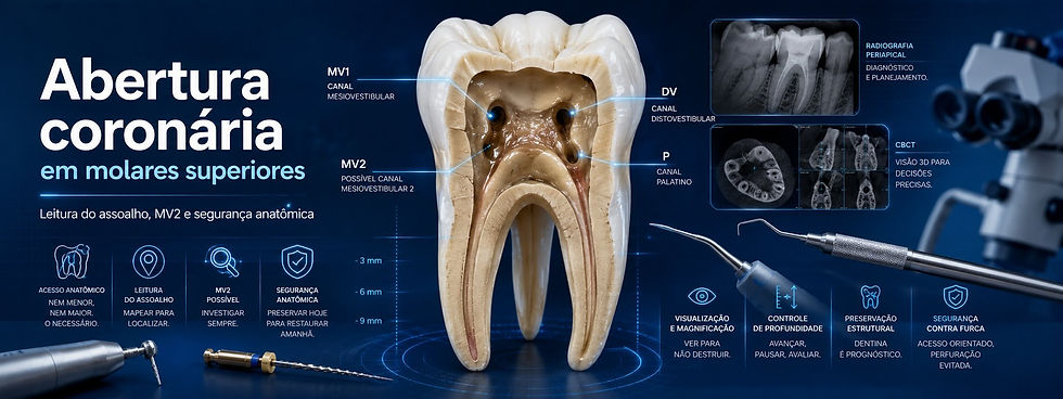 Infográfico odontológico com molar aberto em corte, radiografias e instrumentos; texto: Abertura coronária em molares superiores.