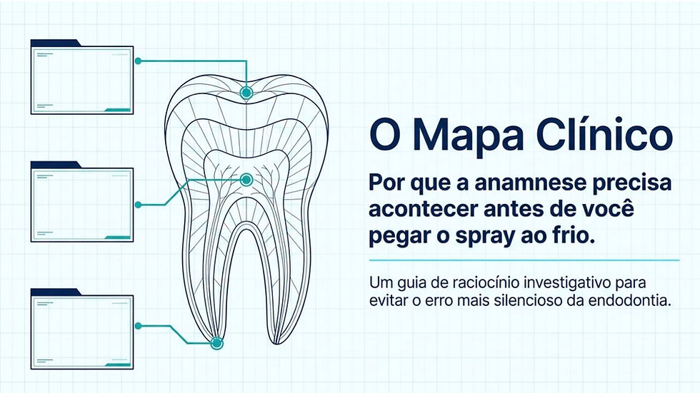 Silhueta de um dente com diagramas conectados a três pastas. Texto: "O Mapa Clínico. Um guia para evitar erros na endodontia." Fundo quadriculado.
