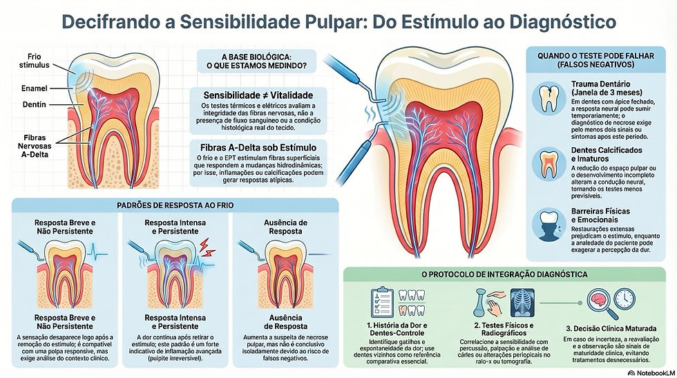 Gráfico sobre sensibilidade pulpar e diagnóstico. Mostra dentes com fibras nervosas, respostas a estímulos frios e protocolo de diagnóstico. Textos explicativos e cores vibrantes.