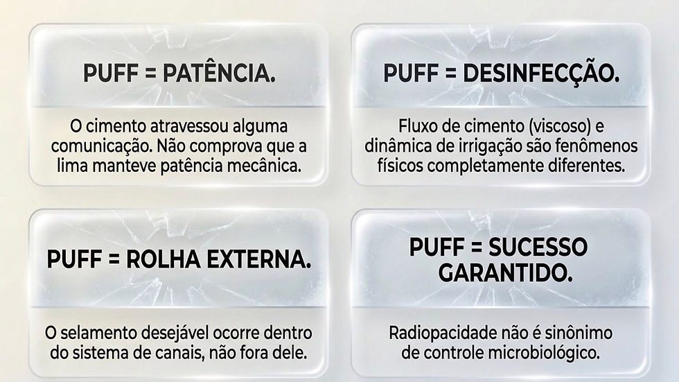 Quatro cartões cinza com textos em português rejeitando ideias sobre PUFF: patência, desinfecção, rolha externa e sucesso.