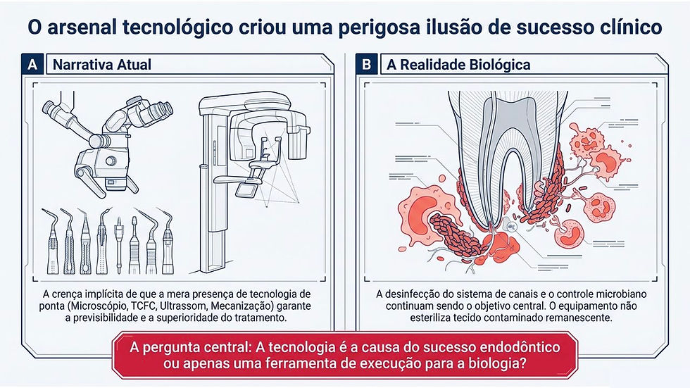 Comparação entre tecnologia odontológica e realidade biológica. Texto questiona sucesso clínico. Ilustrações detalham equipamentos e infecção dental.