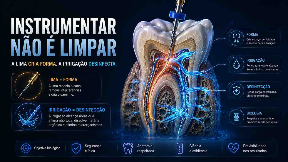 Infográfico odontológico de dente em corte com lima e irrigação azul; texto: INSTRUMENTAR NÃO É LIMPAR.