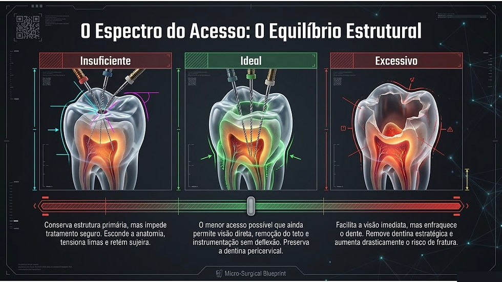 Infográfico em português mostra três dentes com brocas: Insuficiente, Ideal e Excessivo, comparando equilíbrio estrutural.