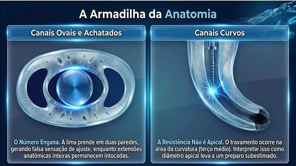 Infográfico azul de odontologia com dois canais de raiz e textos sobre canais ovais, achatados e curvos.