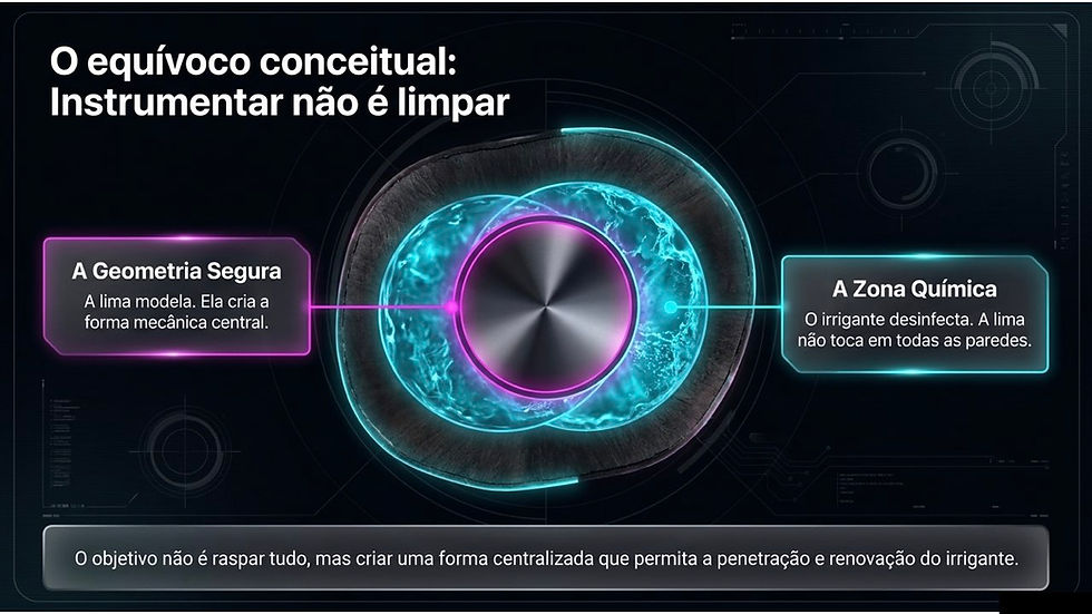 Infográfico em fundo escuro com diagrama circular azul e rosa e textos: O equívoco conceitual e A Geometria Segura/A Zona Química.