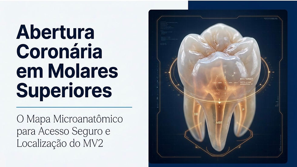 Slide sobre abertura coronária em molares superiores, com ilustração 3D de molar e mapa MV2 em fundo azul escuro.