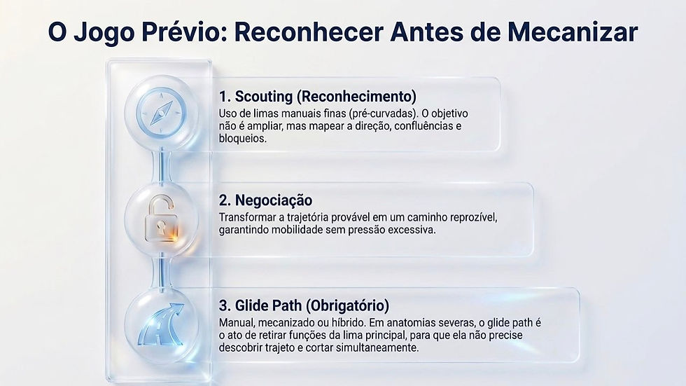 Infográfico com o título O Jogo Prévio: Reconhecer Antes de Mecanizar, mostrando 3 etapas: Scouting, Negociação e Glide Path.