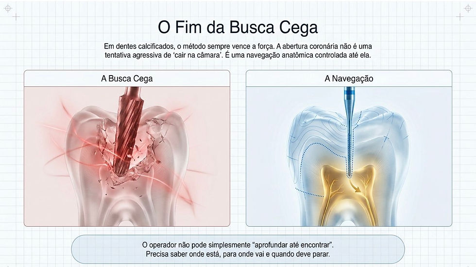 Infográfico em português com dois dentes: à esquerda perfuração agressiva em vermelho; à direita navegação guiada em azul.