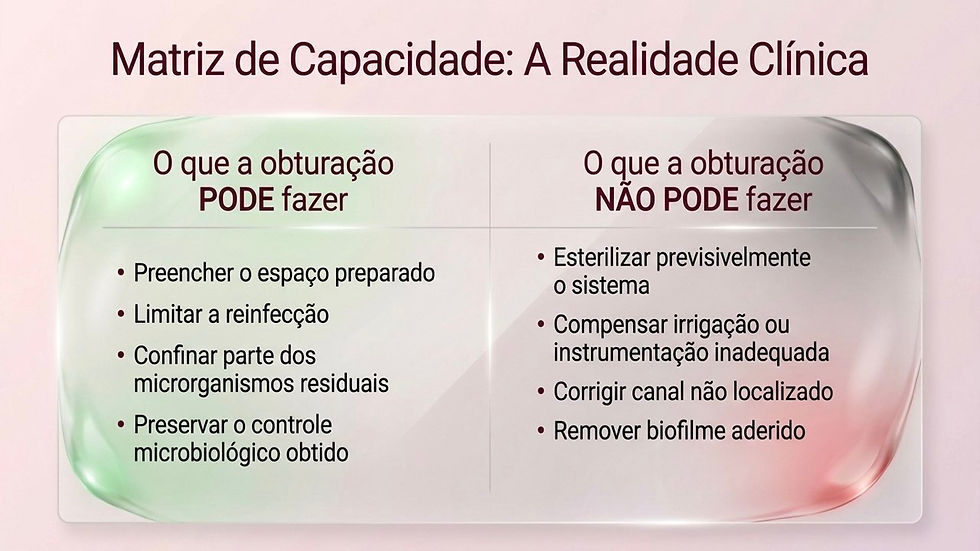 Slide em português sobre obturação dental: lista o que pode e não pode fazer, em fundo rosa com quadro translúcido verde e vermelho.
