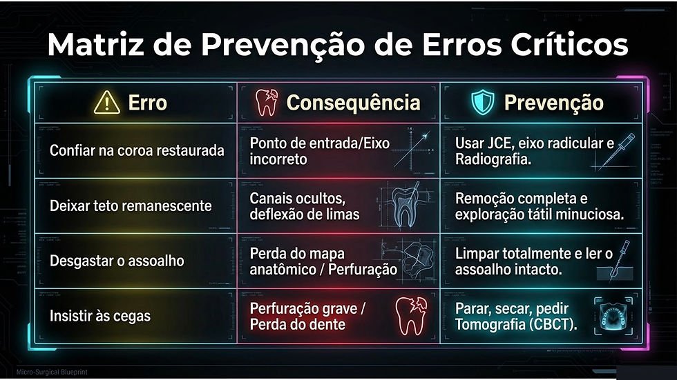 Infográfico neon com a Matriz de Prevenção de Erros Críticos, com erros, consequências e prevenção em odontologia.
